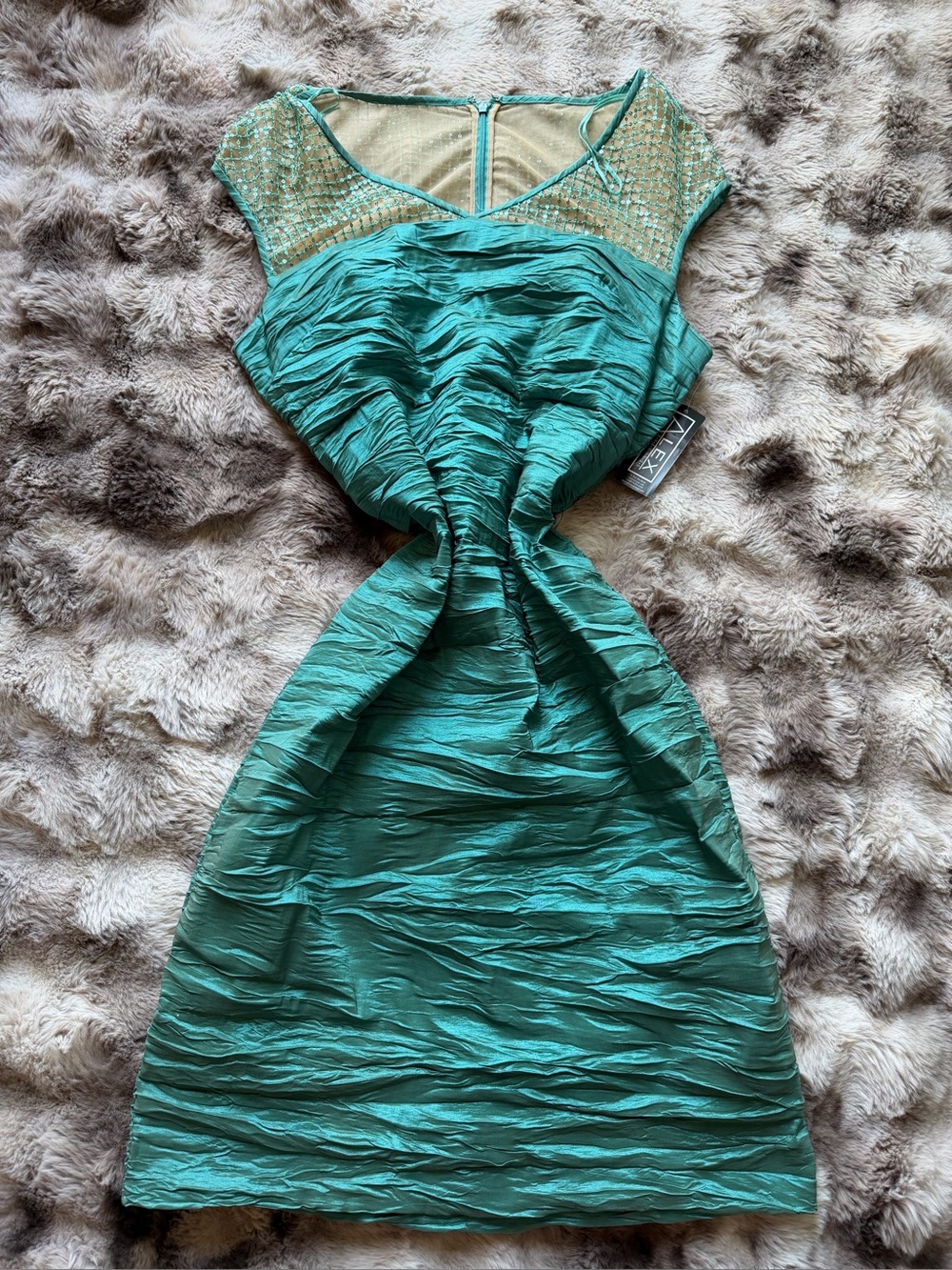 Alex Evenings Teal Ruched Midi Dress with Sheer Beaded Yoke
